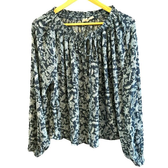 Faherty Blue Esna Floral Bohemian Emery Blouse Size XS Drawstring Peasant Top - Picture 1 of 6